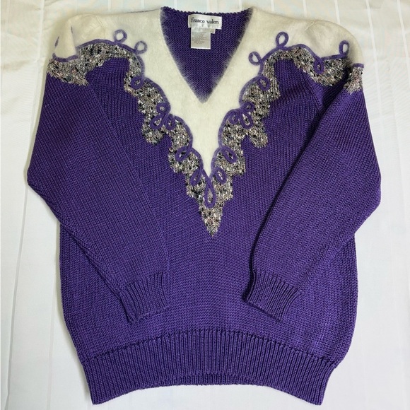 Franco Valeri Sweaters - VTG Franco Valerie Angora Rabbit Blend embellished V-Neck Sweater Purple